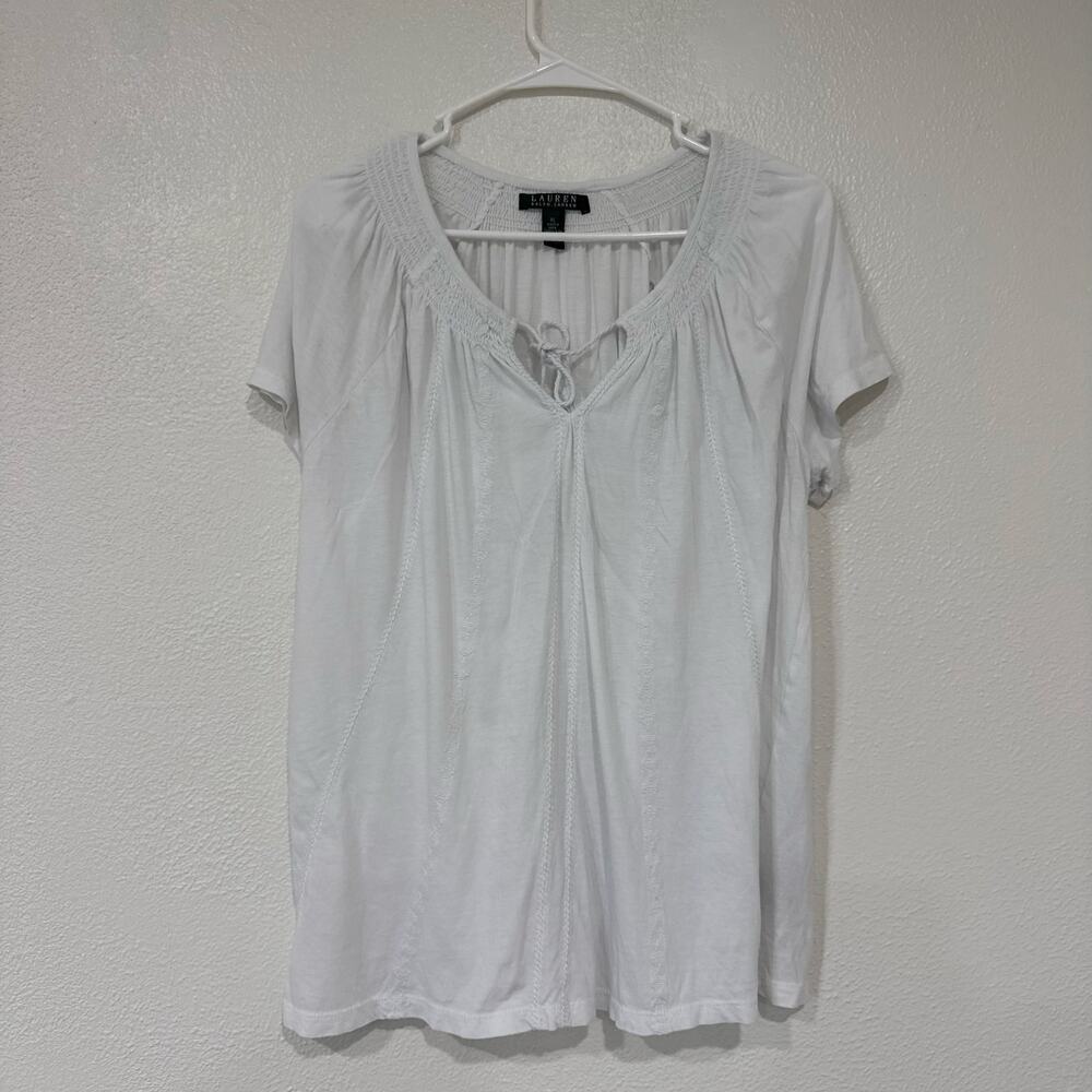 Lauren Ralph Lauren White Short Sleeve V Neck Tie Neck Blouse Top Boho Size XL